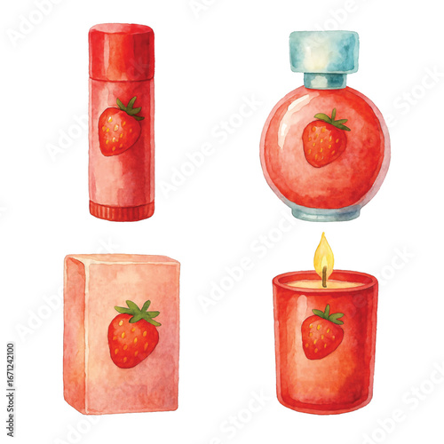 Watercolor Strawberry-Theme, Things Edition #4—Strawberry Deodorant, Perfume, Soap, and Aromatherapy Candle. Vector Illustration. Design Element. Clip art. Suitable for artwork design.