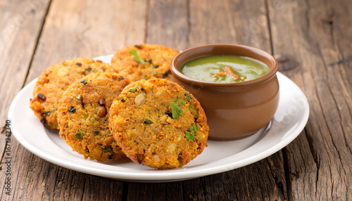 Delicious homemade Masala Vada, a popular South Indian fried lentil fritter snack, served on a white plate with green chutney on a rustic wooden table