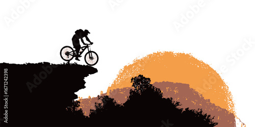 A mountain biker stands on the edge of a cliff, overlooking a vast landscape at sunset. The vibrant orange sun casts striking shadows, creating a dramatic silhouette.