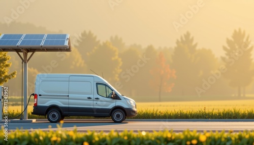 Electric delivery van parked beside a solar-powered charging station in a scenic rural landscape du sunset with trees and a golden sky
