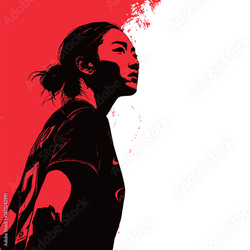 A bold artistic representation highlights a female soccer player in a black jersey, set against a striking red and white background. Her focus and determination are evident.