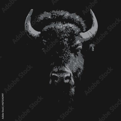 A striking bison head with detailed fur and prominent horns is centered against a black background, highlighting its fierce expression and impressive size.