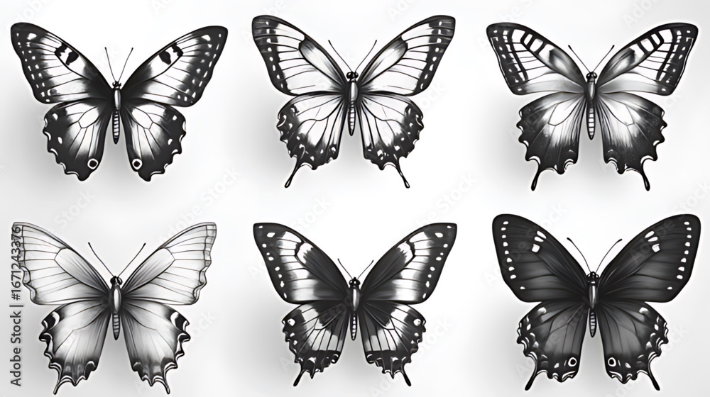 Naklejka premium Black-White Pencil Sketch Butterfly Grid: 6 Detailed, Unique Wing Patterns