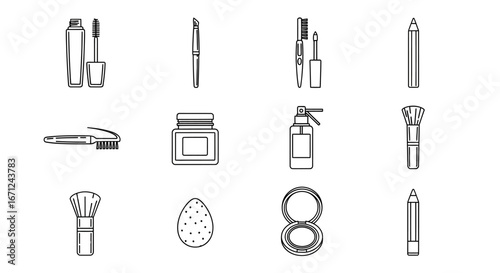 Outlined Cosmetic Products: Mascara, Brush, Pencil, and More