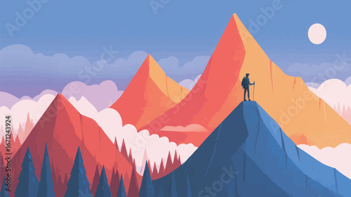 A lone hiker stands triumphantly on a mountaintop, enjoying the breathtaking view of vibrant mountains at sunset. The sky is filled with warm colors and dramatic clouds.