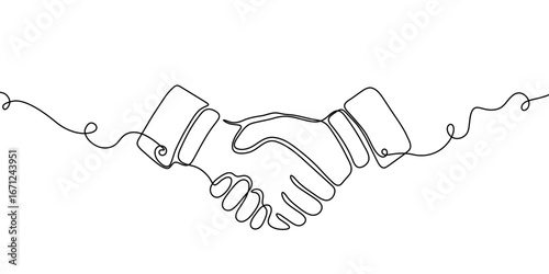 Handshake hand line people continuous business outline partnership vector together. Hand handshake line art concept trust deal agreement one illustration sketch isolated background work team man.