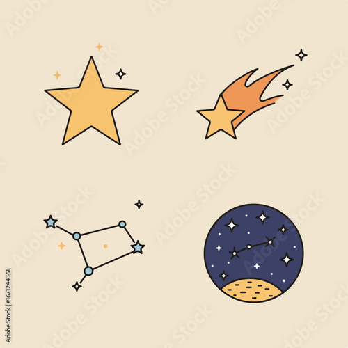 Starry icons Star, comet, constellation, and a galaxy in a circle frame