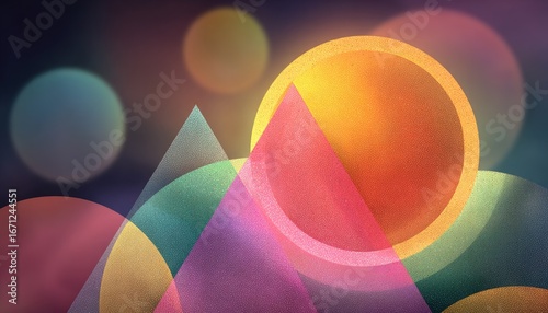 Abstract shapes, vibrant colors, layered circles and triangles,  night sky effect