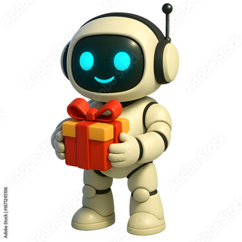 Cute 3D cartoon robot holding a wrapped gift with ribbon, happy expression, isolated on transparent background