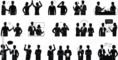 Collection of diverse business people silhouettes engaged in various professional activities and discussions