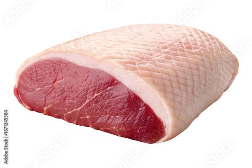 Raw duck breast with cross-hatch scoring on skin, showing pink meat underneath, isolated on a transparent background