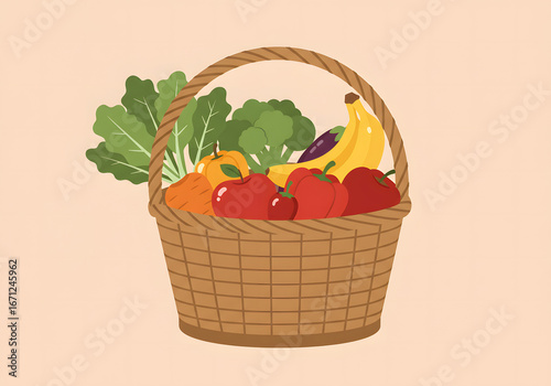 A woven basket overflowing with a vibrant assortment of fresh fruits and vegetables.