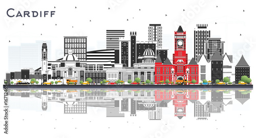 Cardiff Wales City Skyline with Color Buildings and reflections Isolated on White. Cardiff UK Cityscape with Landmarks. Business Travel and Tourism Concept with Historic Architecture.