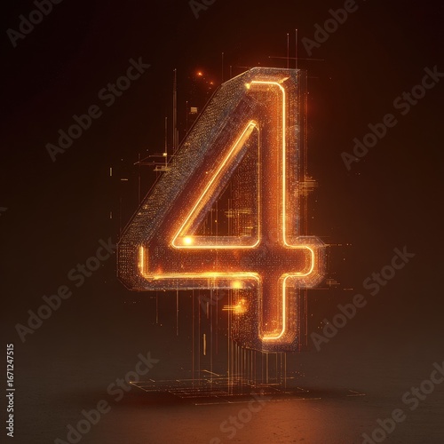 Glowing, metallic number four