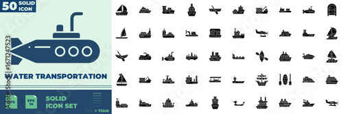 Collection of Water Transportation Solid icons. Containing sailboat, submarine, yacht and more