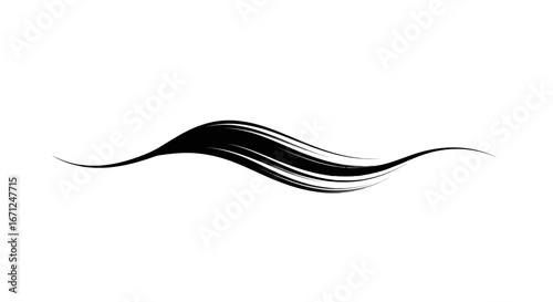 Elegant black curved paint brush stroke, thin line, isolated white background