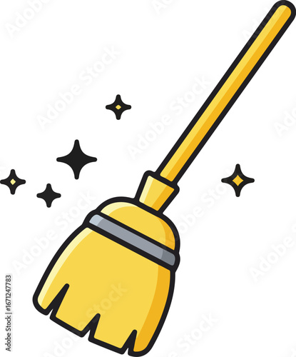 Yellow broom with sparkles  ideal for cleaning product promotions. Sparkling broom signifies cleanliness and freshness in an appealing way.