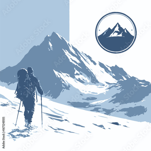A lone hiker ascends a snowy mountain path, dressed in winter gear and using trekking poles, against a backdrop of majestic peaks. The scene captures the tranquility of nature.