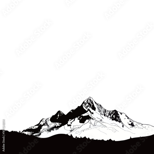 Snow-capped peaks rise dramatically against a clear sky, with dark silhouettes of pine trees framing the base of the mountain during daylight hours.