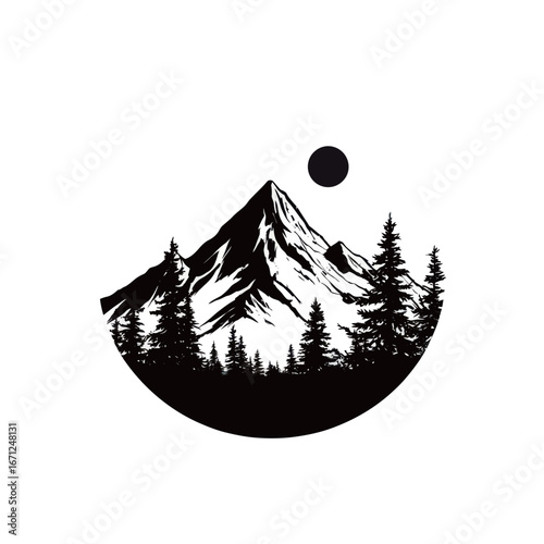 Snow-capped peaks rise dramatically against a clear sky, with dark silhouettes of pine trees framing the base of the mountain during daylight hours.