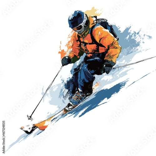 A skier in an orange jacket navigates a downhill path on a snowy slope, showcasing skill and excitement during a winter adventure. The bright colors highlight the energy of the moment.