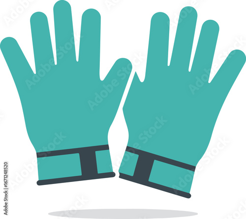 Pair of turquoise gardening gloves displayed flat in a vector. Suitable for gardeningthemed designs, illustrations, or promotional materials.