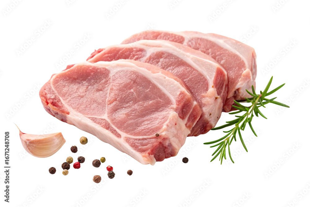 Fototapeta premium Raw pork chops with herbs and spices arranged on white background, isolated on a transparent background
