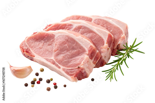 Raw pork chops with herbs and spices arranged on white background, isolated on a transparent background