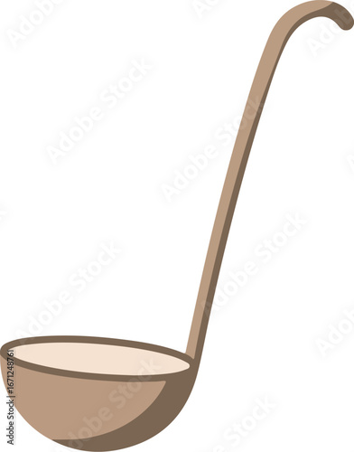 Simple brown ladle with a long curved handle. Great for kitchen utensil illustrations, cooking blog headers, food graphics, and recipe books.