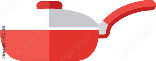 Red frying pan with a gray lid and handle, ideal for kitchenthemed designs or cookingrelated content. Adds vibrancy and warmth.