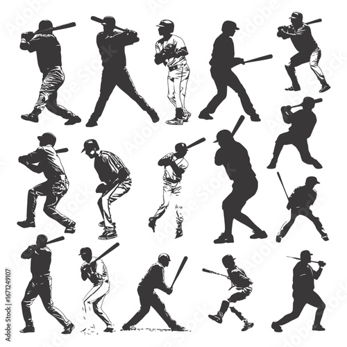 Multiple baseball players showcase diverse batting stances in a sports facility. The athletes, captured mid-action, highlight the intensity and technique involved in the sport during practice.