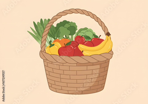 A woven basket brimming with colorful fruits and vegetables.
