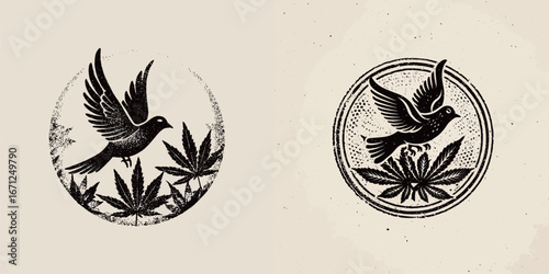 A detailed illustration showcases a bird flying gracefully above two distinct cannabis leaf designs. The artwork emphasizes the elegance of nature and art combined, conveying a unique aesthetic.