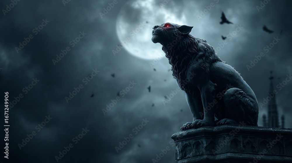Fototapeta premium Halloween gargoyle statue glowing red eyes perched on cathedral tower surrounded by bats foggy eerie full moon background