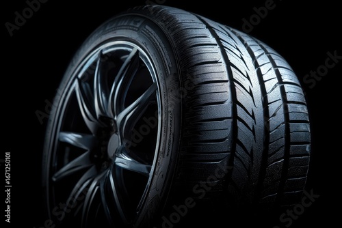 A tire on a rim against a black background