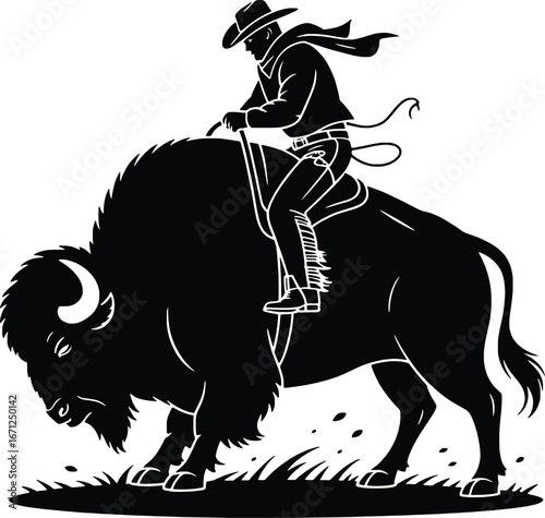 Dynamic silhouette of cowboy riding bison through wild grassland creates western adventure symbol