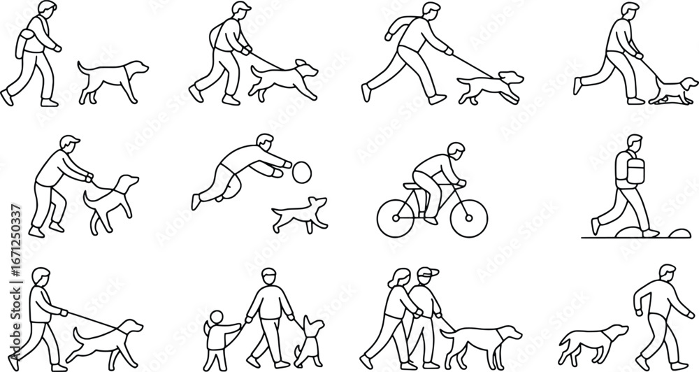 Fototapeta premium People walking dogs in various outdoor scenes casual activities