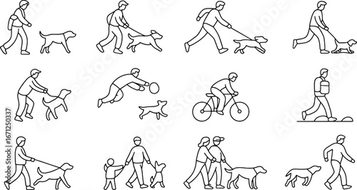 People walking dogs in various outdoor scenes casual activities