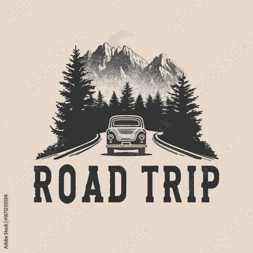 A vintage car drives along a winding road that cuts through towering pine trees.