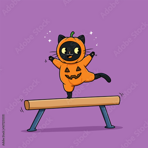 A cheerful black cat in a pumpkin costume balances on a beam—Halloween meets gymnastics.