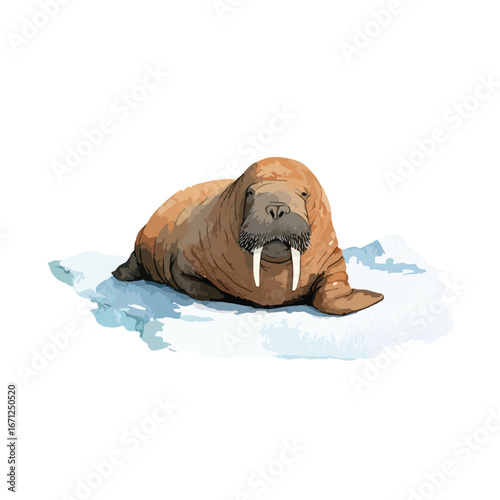 A Detailed Illustration of a Resting Walrus on a Snowy Ice Floe