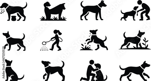 Diverse dog activity silhouettes training walking playing pets canine companionship family fun