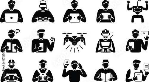 Modern technology usage icons set featuring people interacting with devices and drones seamlessly