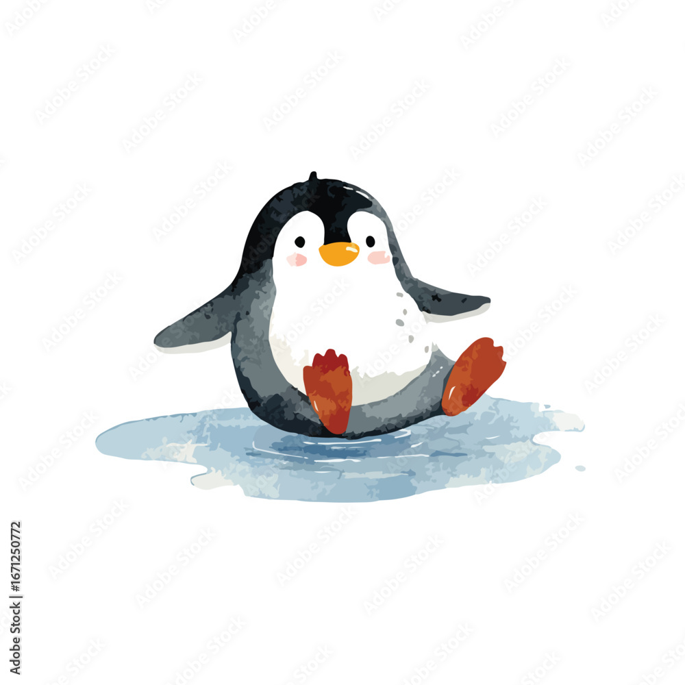 Fototapeta premium Adorable Watercolor Penguin Relaxing in a Small Pool of Water