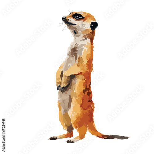 Alert Meerkat Standing Tall with Curious Expression and Detailed Fur Texture