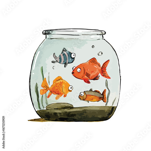 Cartoon Fishbowl with Four Whimsical Fish and Submerged Rocks