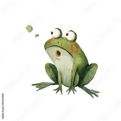 Cartoon Frog with Bulging Eyes and Thought Bubbles Digital Watercolor Style