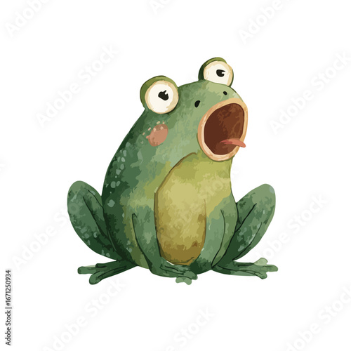 Cartoon Frog with Wide Open Mouth and Extended Tongue Green Skin