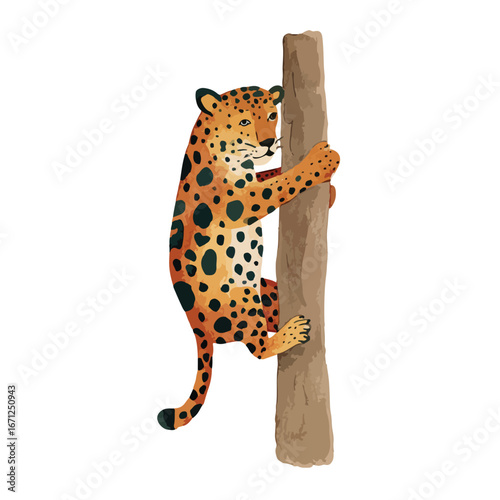Cartoon Leopard Climbing a Tree Trunk with a Determined Expression
