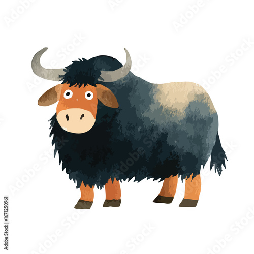 Cartoon Yak with Large Horns and Orange Face Standing Sideways